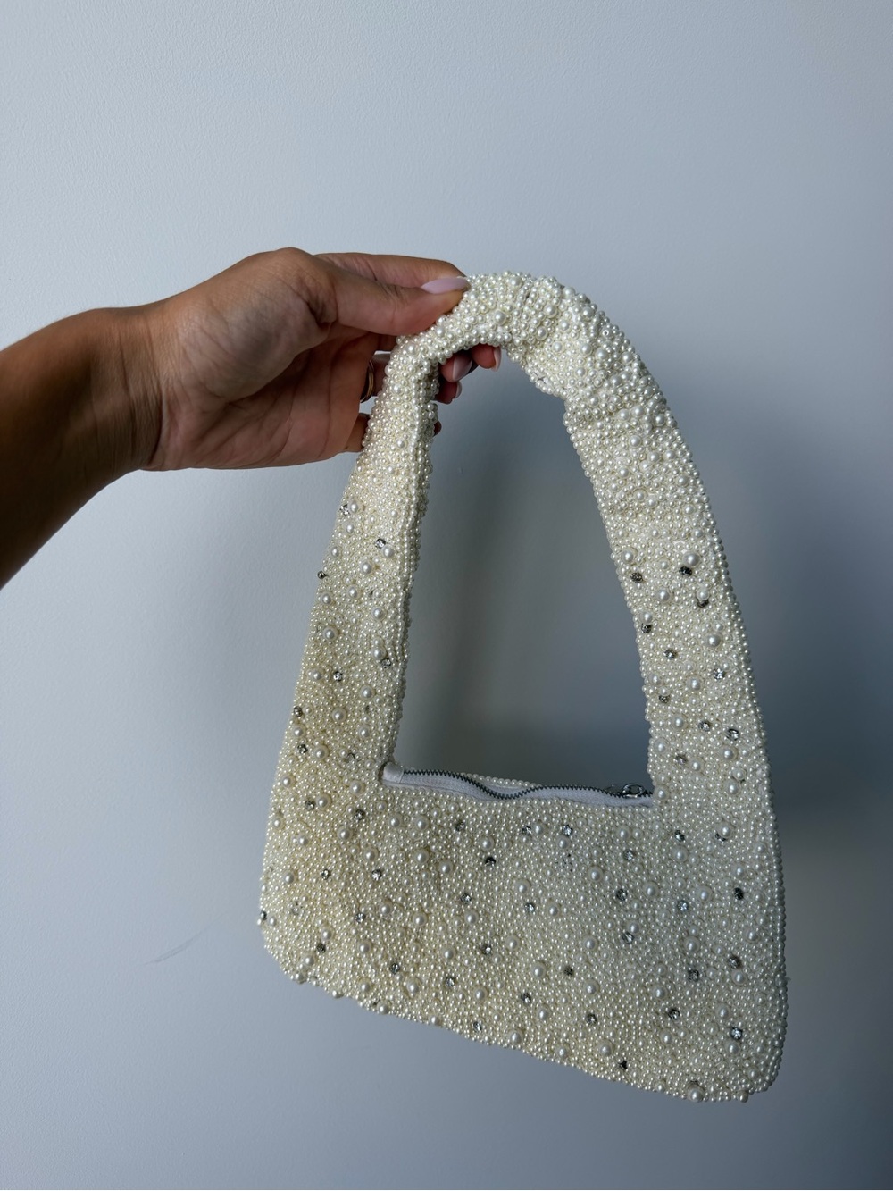 Pearl-Embellished Cream Shoulder Bag